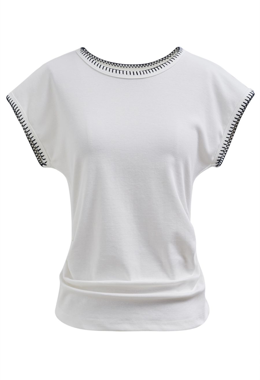 Whipstitch-Trimmed Ruched Side Top in White