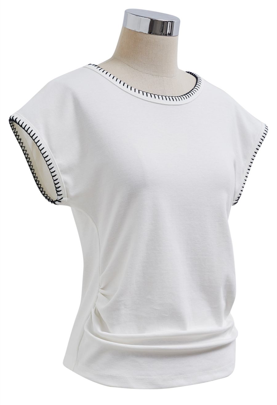Whipstitch-Trimmed Ruched Side Top in White