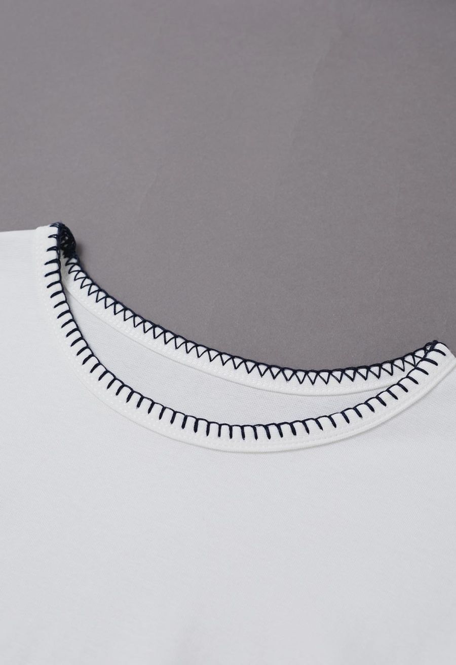 Whipstitch-Trimmed Ruched Side Top in White