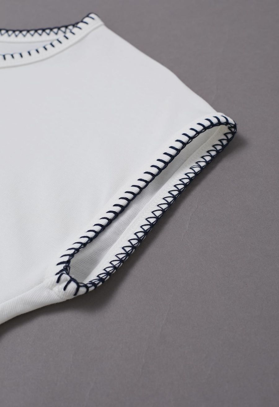 Whipstitch-Trimmed Ruched Side Top in White