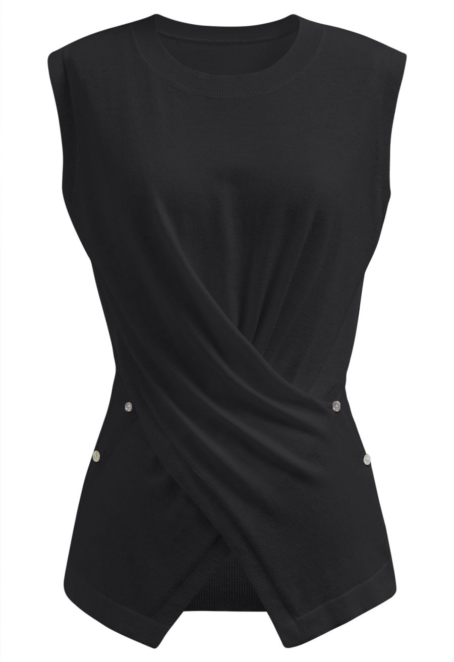Crisscross Buttoned Waist Sleeveless Knit Top in Black