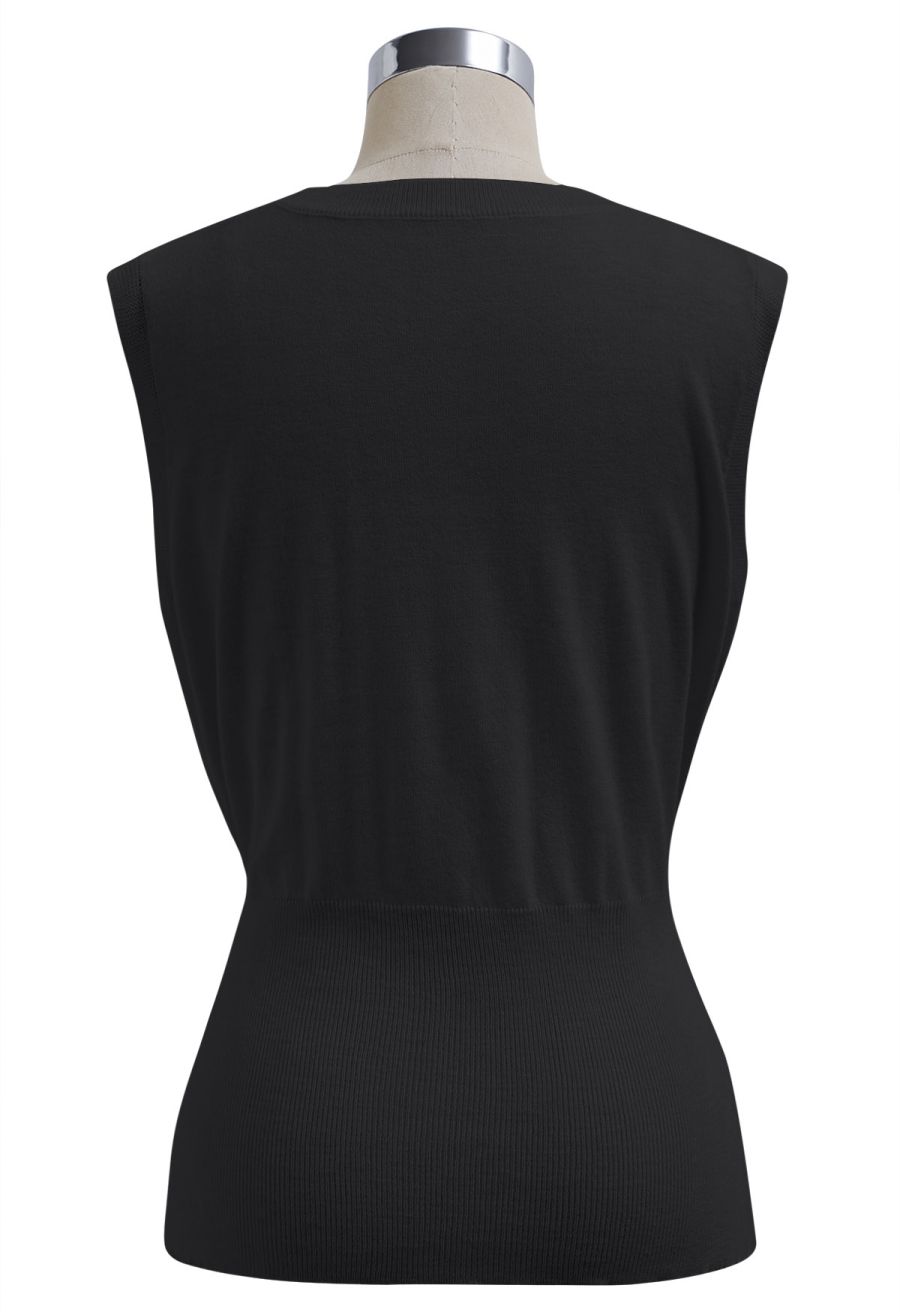 Crisscross Buttoned Waist Sleeveless Knit Top in Black