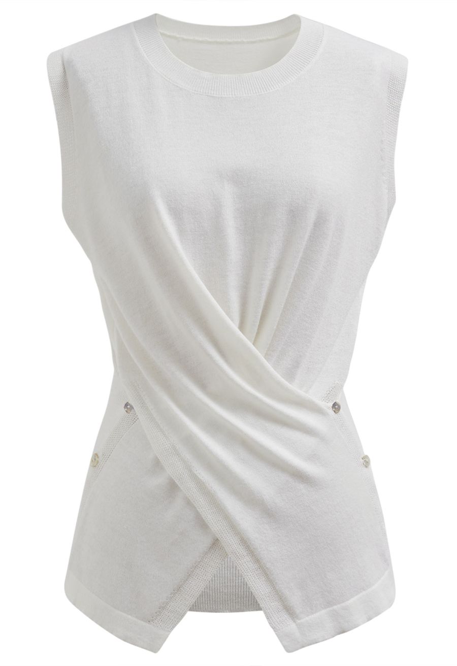 Crisscross Buttoned Waist Sleeveless Knit Top in White