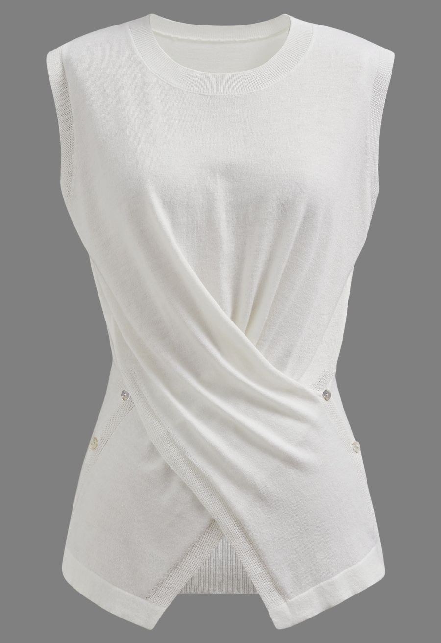 Crisscross Buttoned Waist Sleeveless Knit Top in White