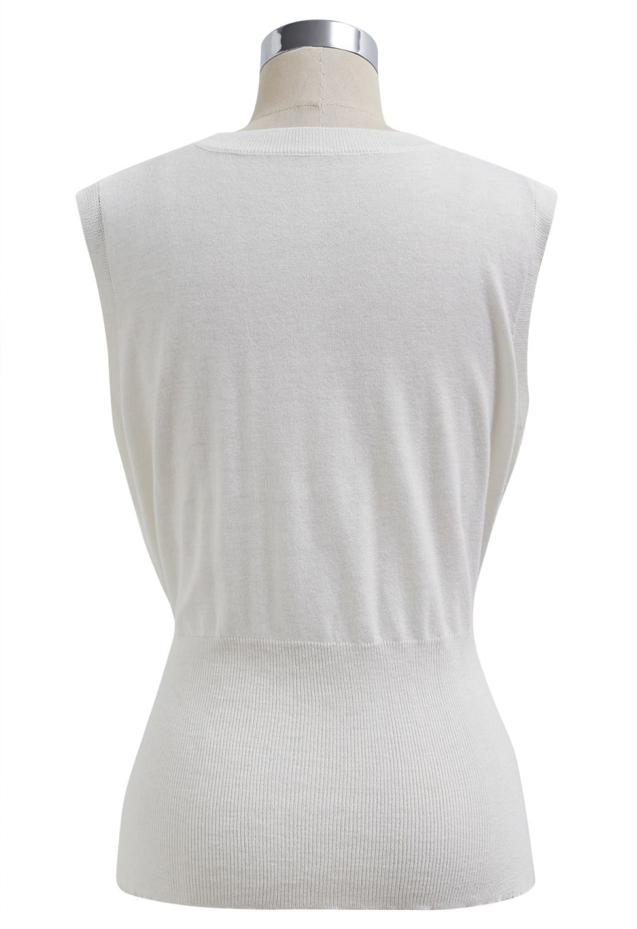 Crisscross Buttoned Waist Sleeveless Knit Top in White