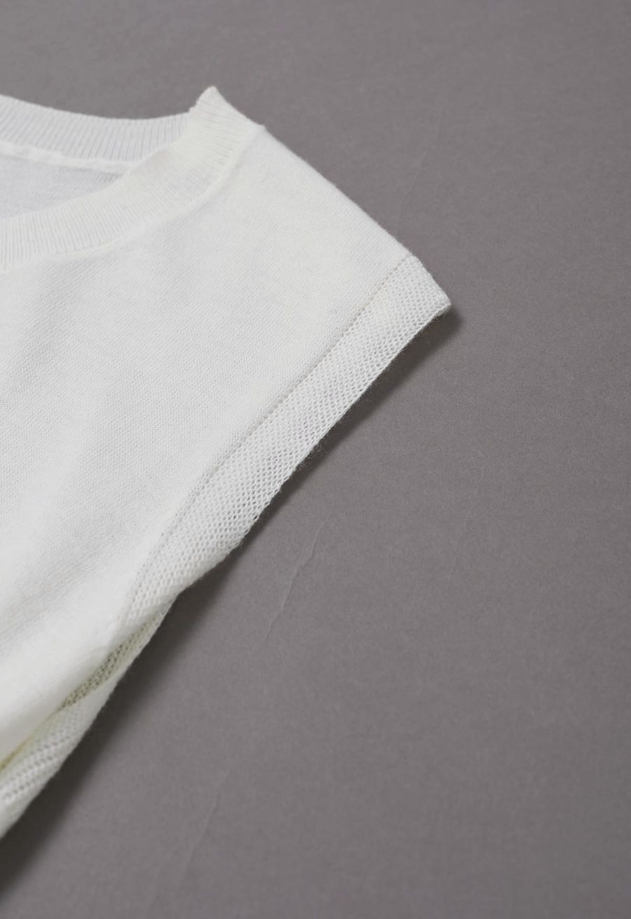 Crisscross Buttoned Waist Sleeveless Knit Top in White