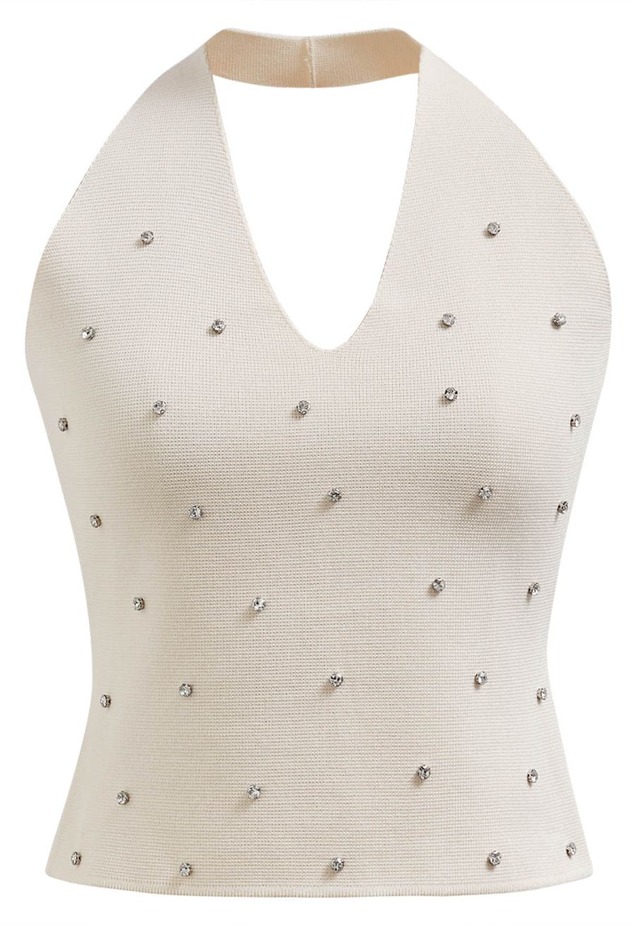 Rhinestone Trim Halter Neck Crop Knit Top in Cream