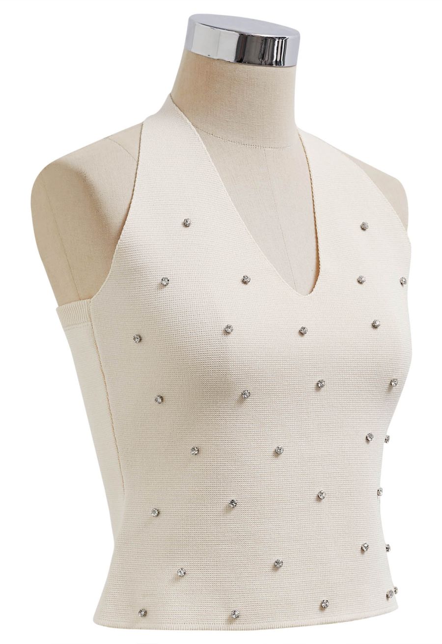 Rhinestone Trim Halter Neck Crop Knit Top in Cream