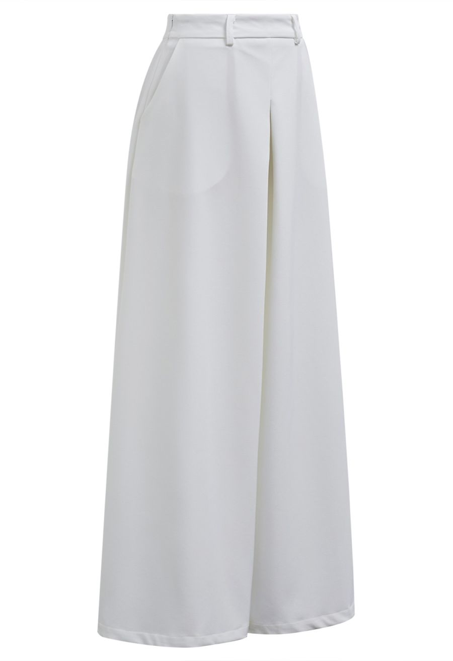 Folded Front Accent Wide-Leg Pants in White
