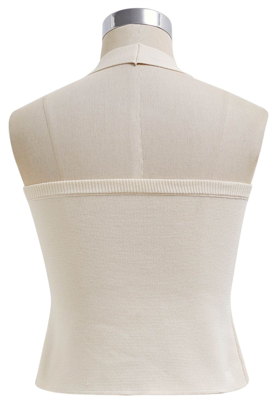 Rhinestone Trim Halter Neck Crop Knit Top in Cream