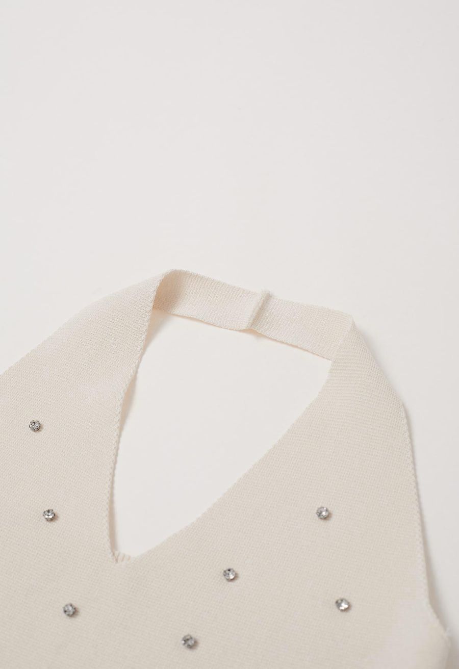 Rhinestone Trim Halter Neck Crop Knit Top in Cream