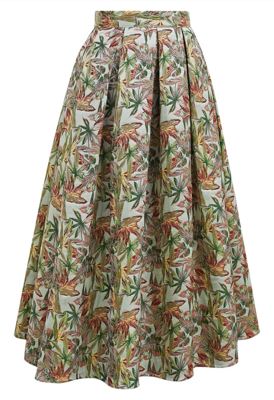 Leaf Jacquard Box Pleat Midi Skirt