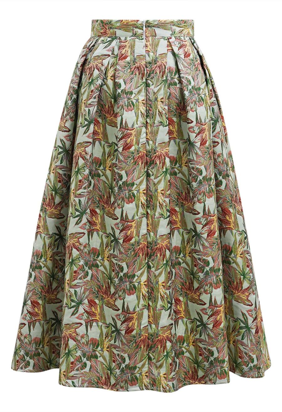 Leaf Jacquard Box Pleat Midi Skirt