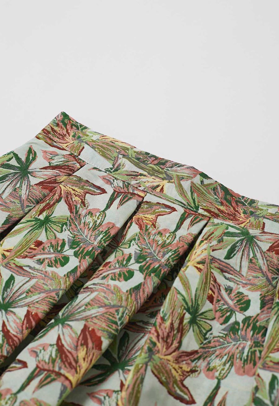 Leaf Jacquard Box Pleat Midi Skirt