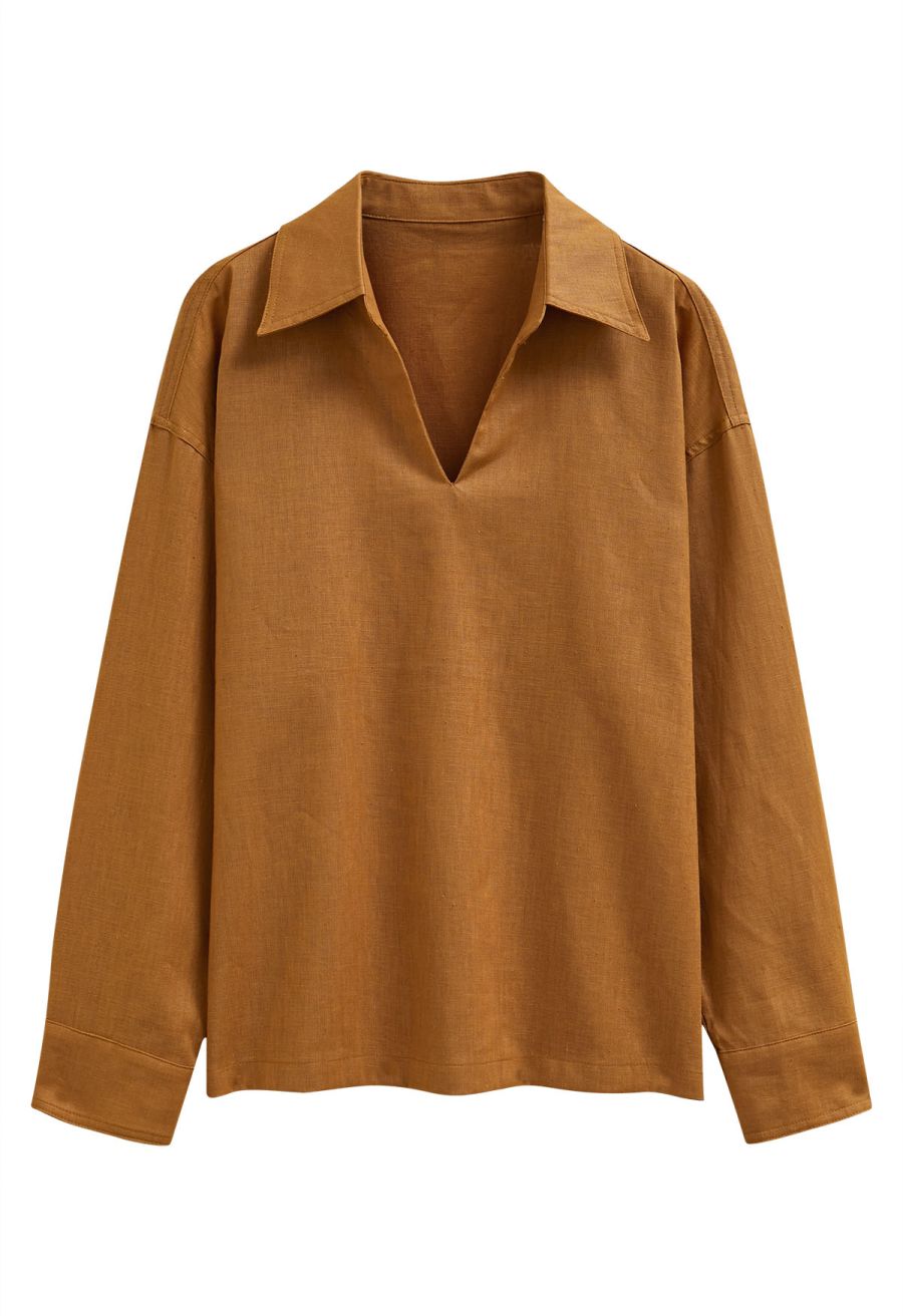 Collared V-Neck Linen-Blend Loose Shirt in Caramel