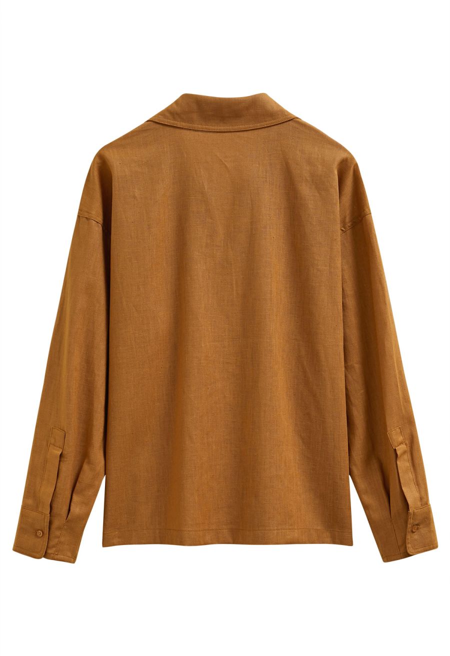 Collared V-Neck Linen-Blend Loose Shirt in Caramel