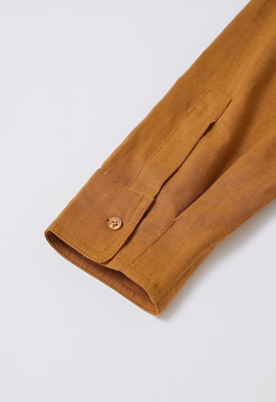Collared V-Neck Linen-Blend Loose Shirt in Caramel
