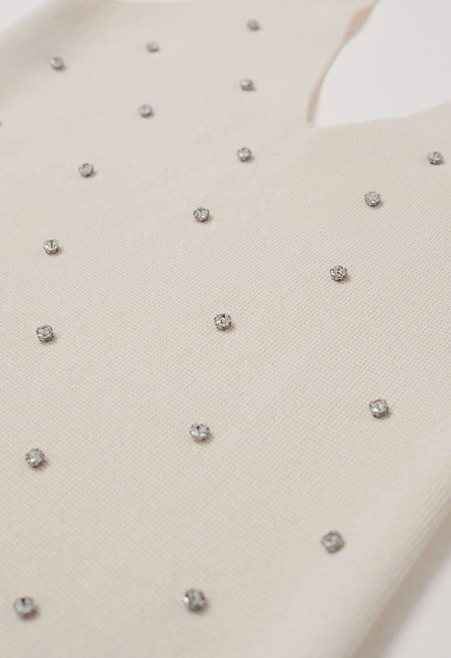 Rhinestone Trim Halter Neck Crop Knit Top in Cream