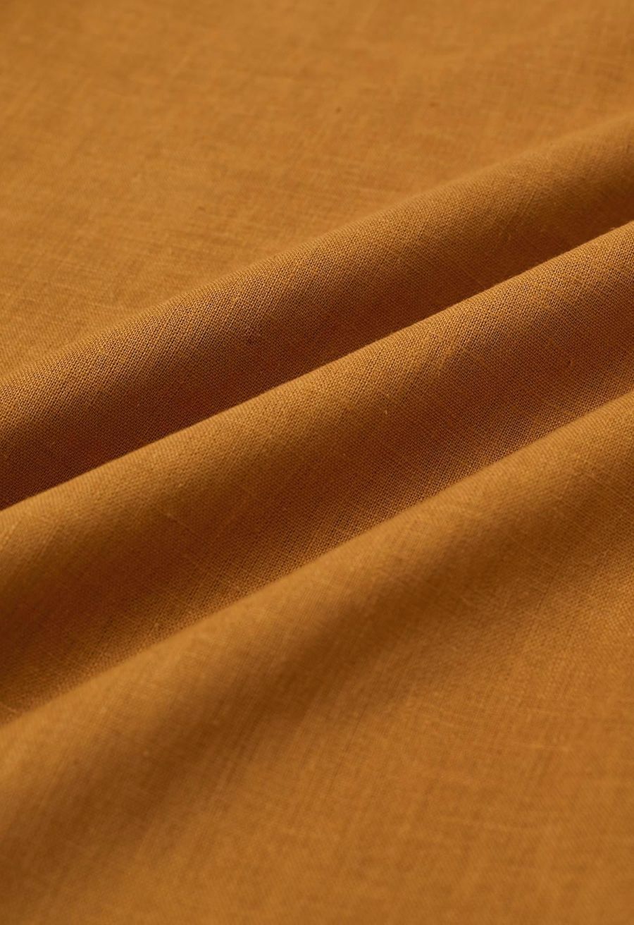 Collared V-Neck Linen-Blend Loose Shirt in Caramel