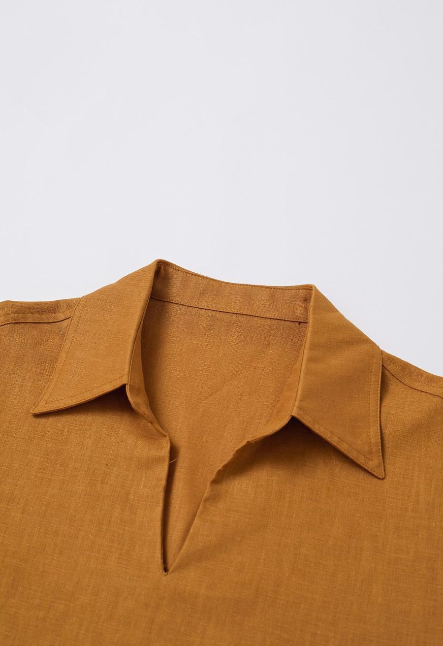 Collared V-Neck Linen-Blend Loose Shirt in Caramel