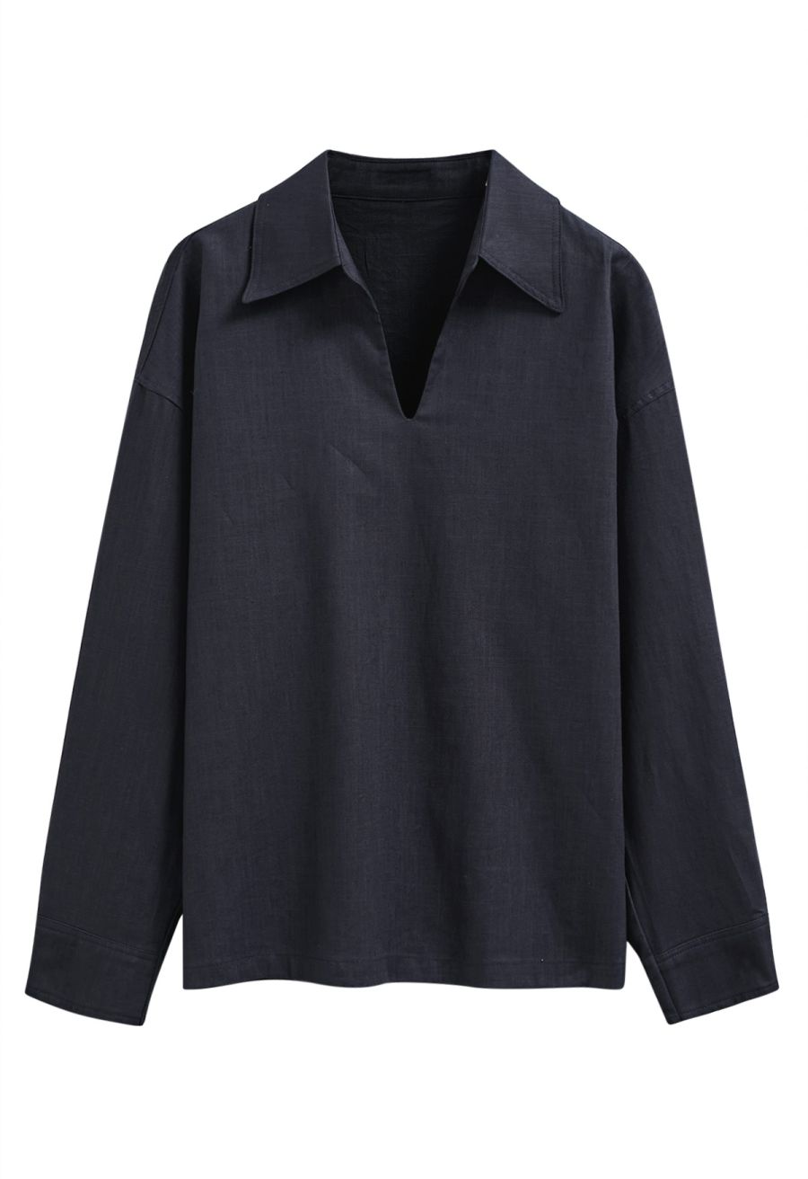 Collared V-Neck Linen-Blend Loose Shirt in Navy