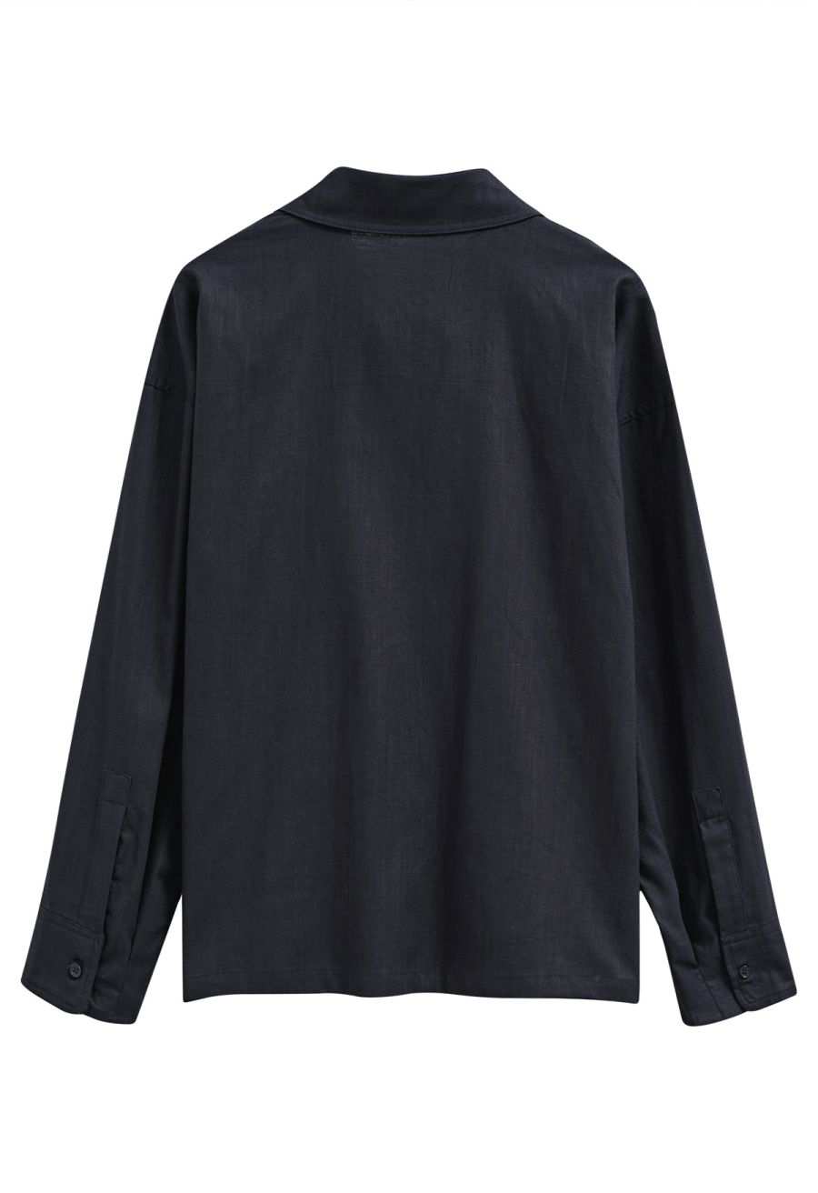 Collared V-Neck Linen-Blend Loose Shirt in Navy