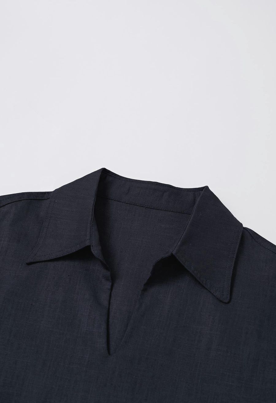 Collared V-Neck Linen-Blend Loose Shirt in Navy