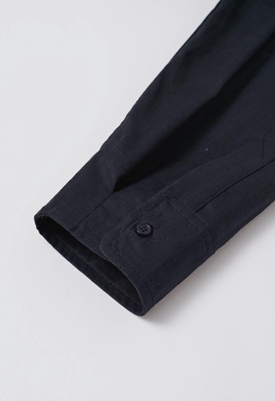 Collared V-Neck Linen-Blend Loose Shirt in Navy