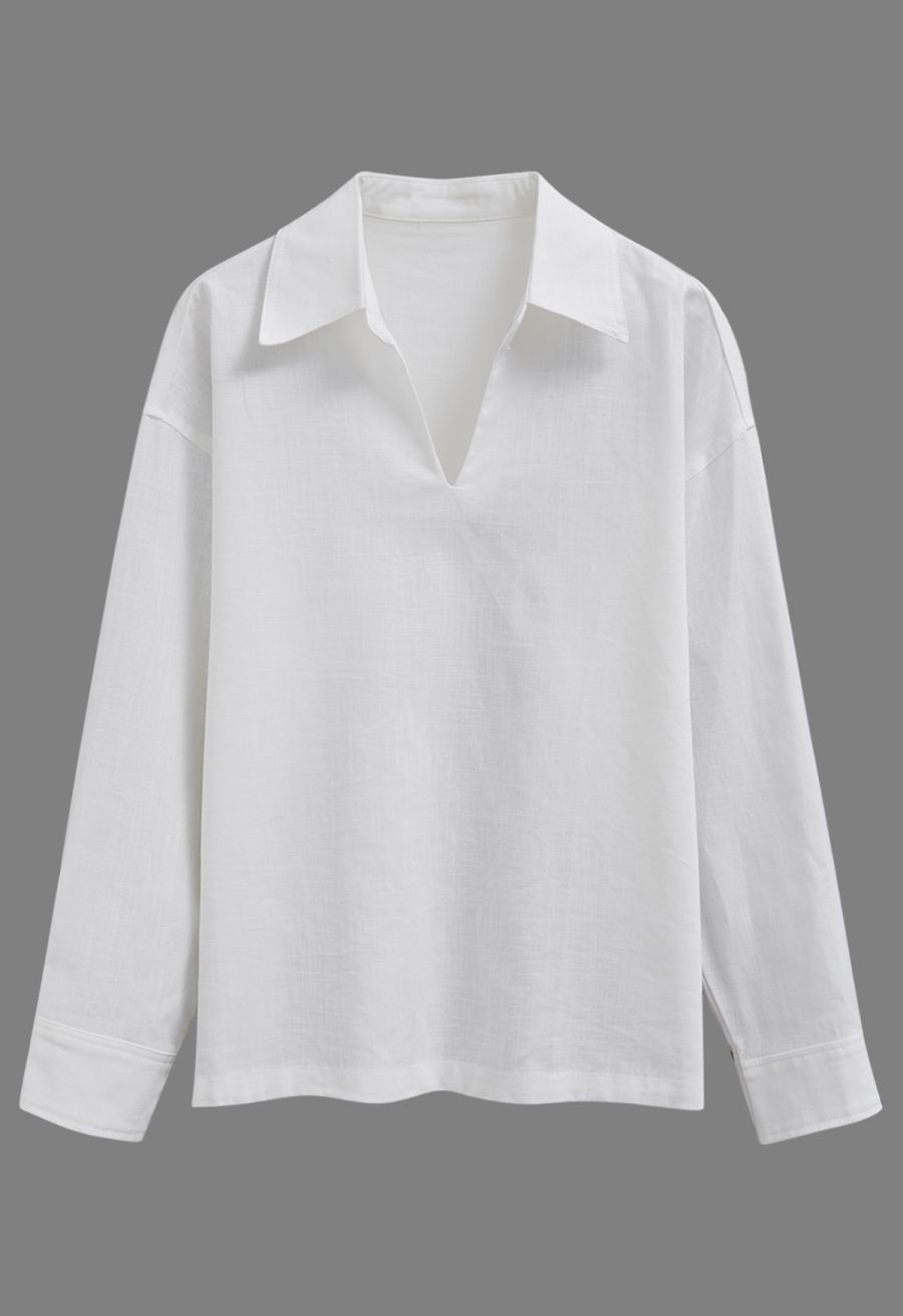 Collared V-Neck Linen-Blend Loose Shirt in White