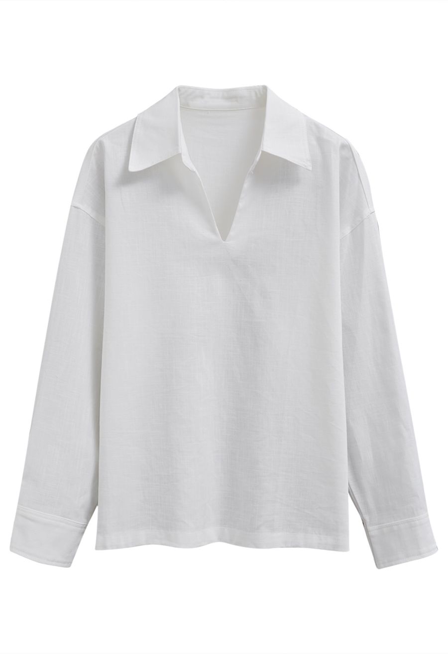 Collared V-Neck Linen-Blend Loose Shirt in White