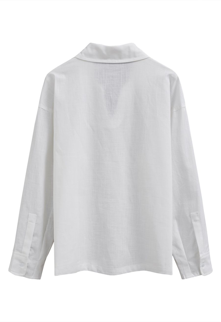 Collared V-Neck Linen-Blend Loose Shirt in White