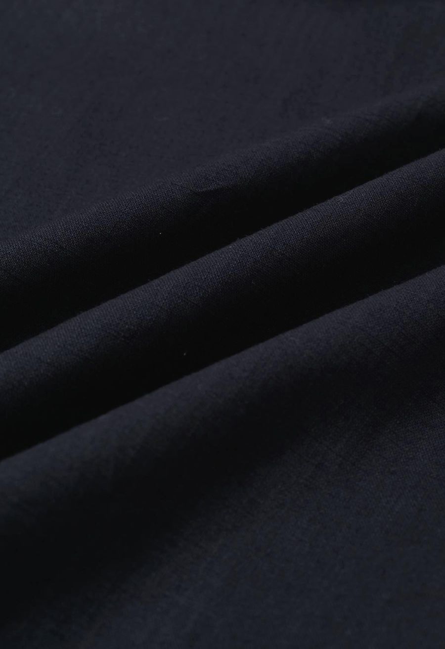 Collared V-Neck Linen-Blend Loose Shirt in Navy