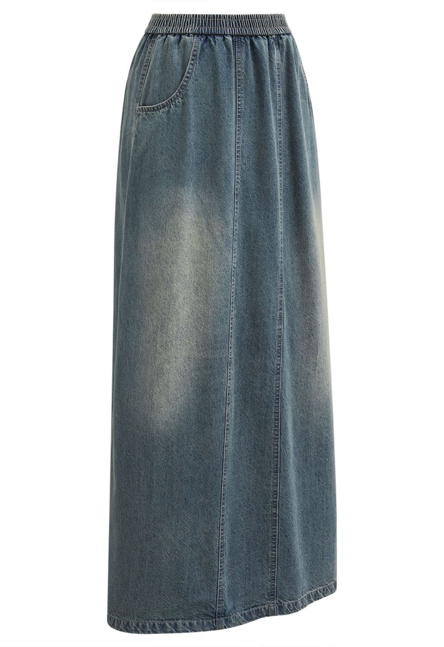 Seamed Vintage-Wash Denim Maxi Skirt
