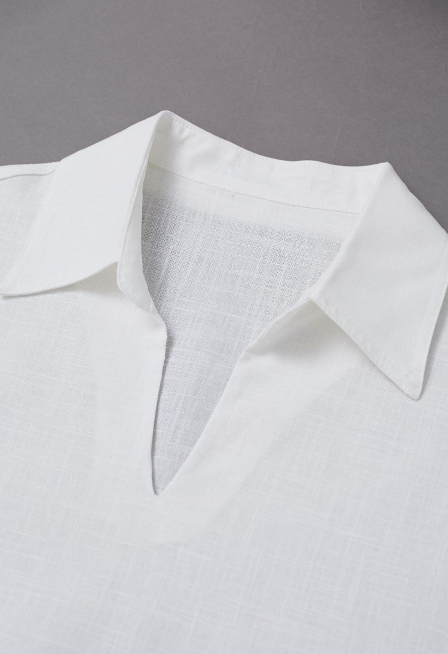 Collared V-Neck Linen-Blend Loose Shirt in White