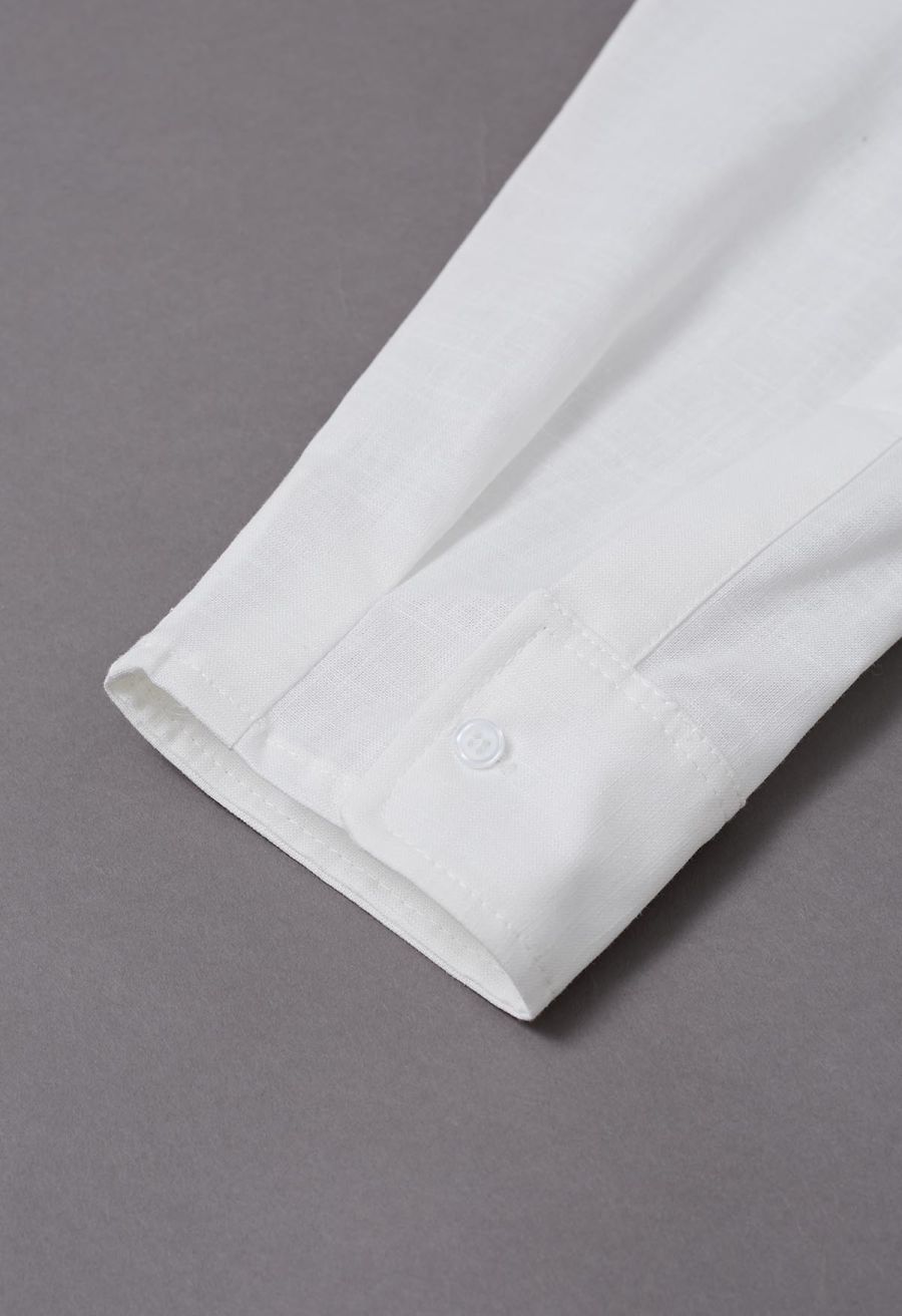Collared V-Neck Linen-Blend Loose Shirt in White