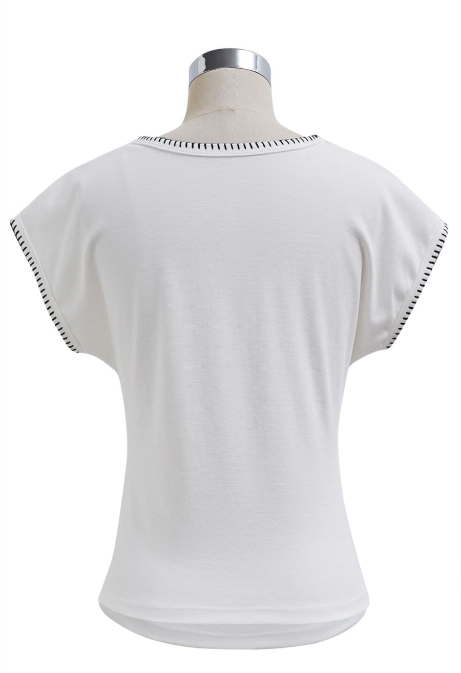 Whipstitch-Trimmed Ruched Side Top in White