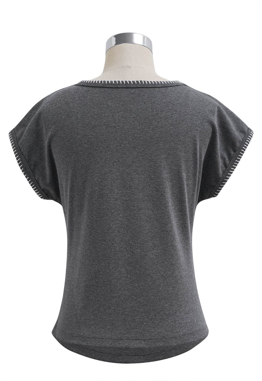 Whipstitch-Trimmed Ruched Side Top in Smoke