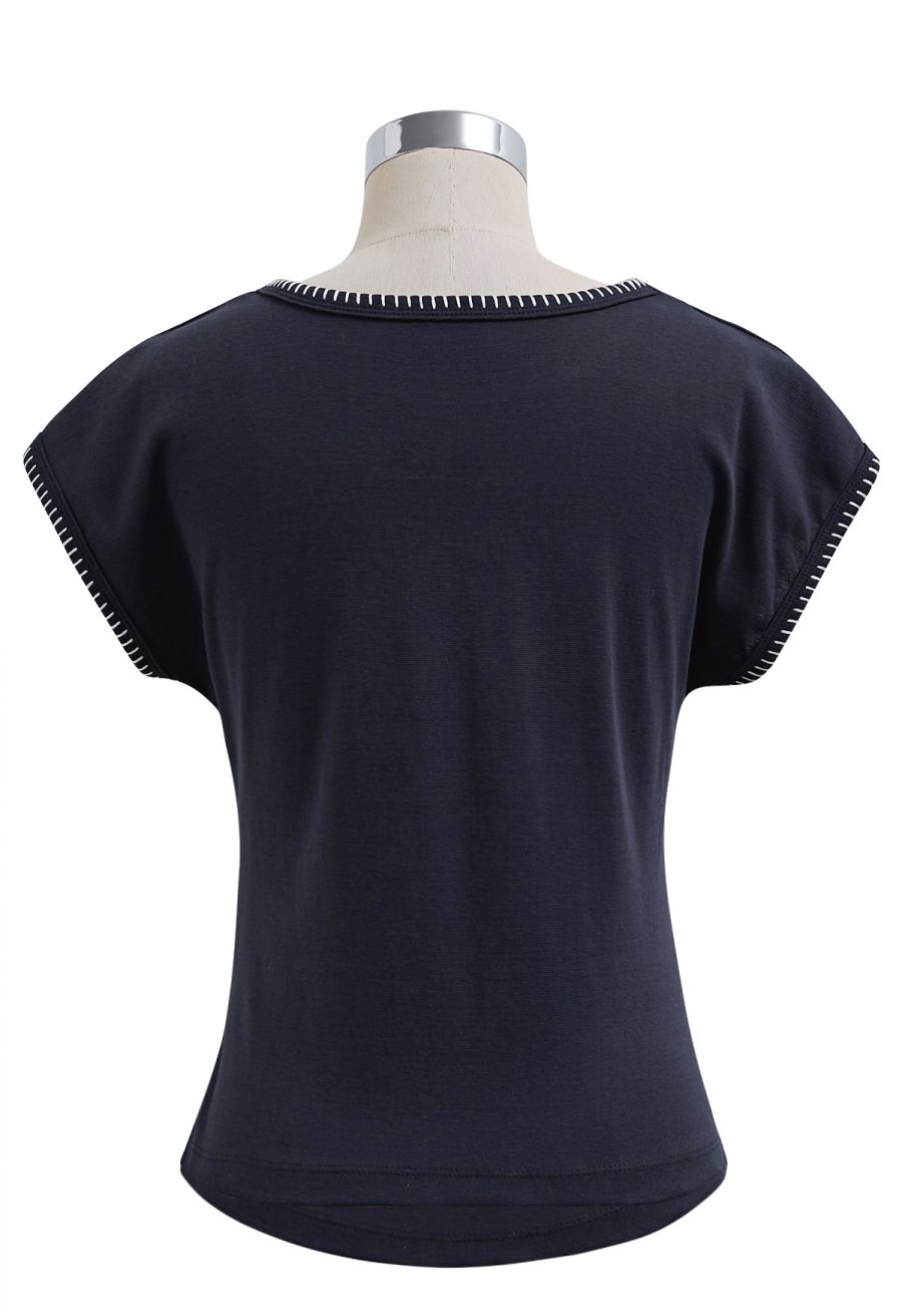 Whipstitch-Trimmed Ruched Side Top in Navy