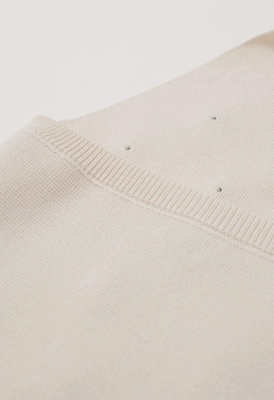 Rhinestone Trim Halter Neck Crop Knit Top in Cream