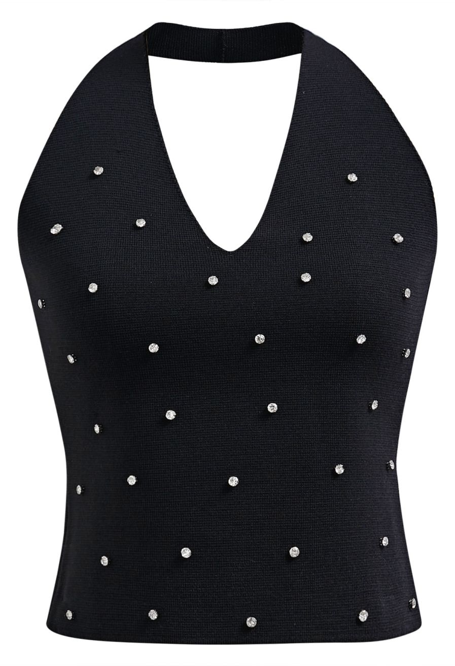 Rhinestone Trim Halter Neck Crop Knit Top in Black