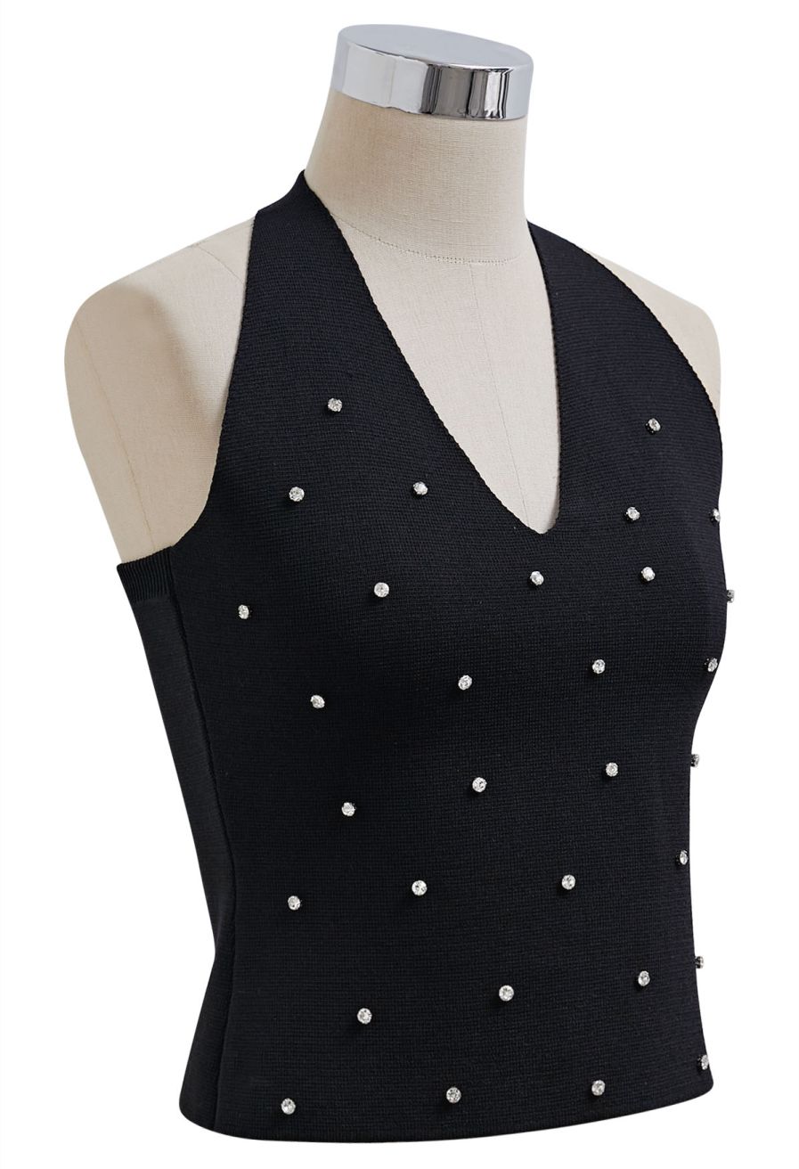Rhinestone Trim Halter Neck Crop Knit Top in Black