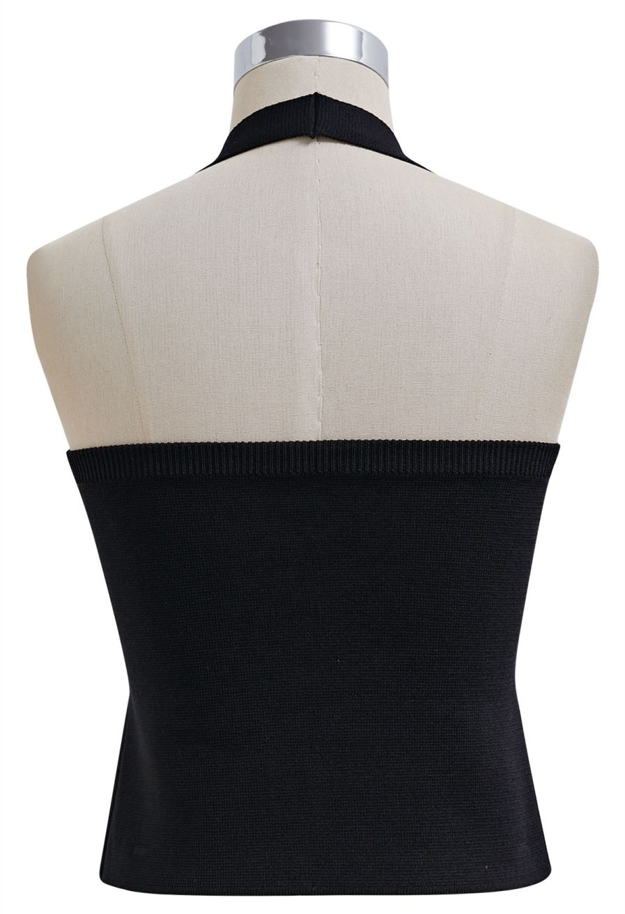 Rhinestone Trim Halter Neck Crop Knit Top in Black