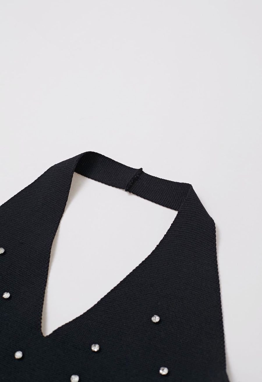 Rhinestone Trim Halter Neck Crop Knit Top in Black