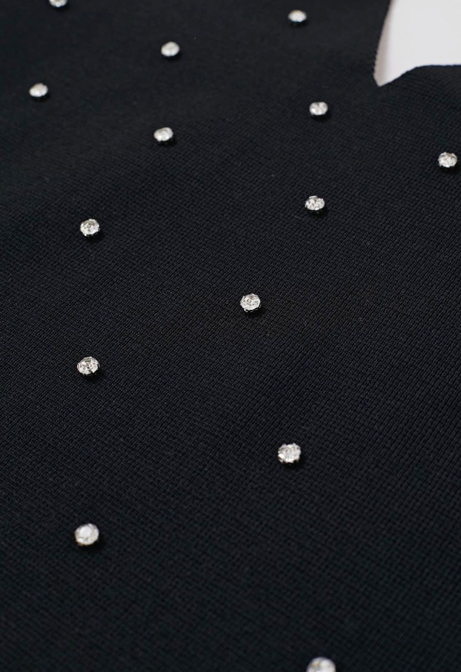 Rhinestone Trim Halter Neck Crop Knit Top in Black