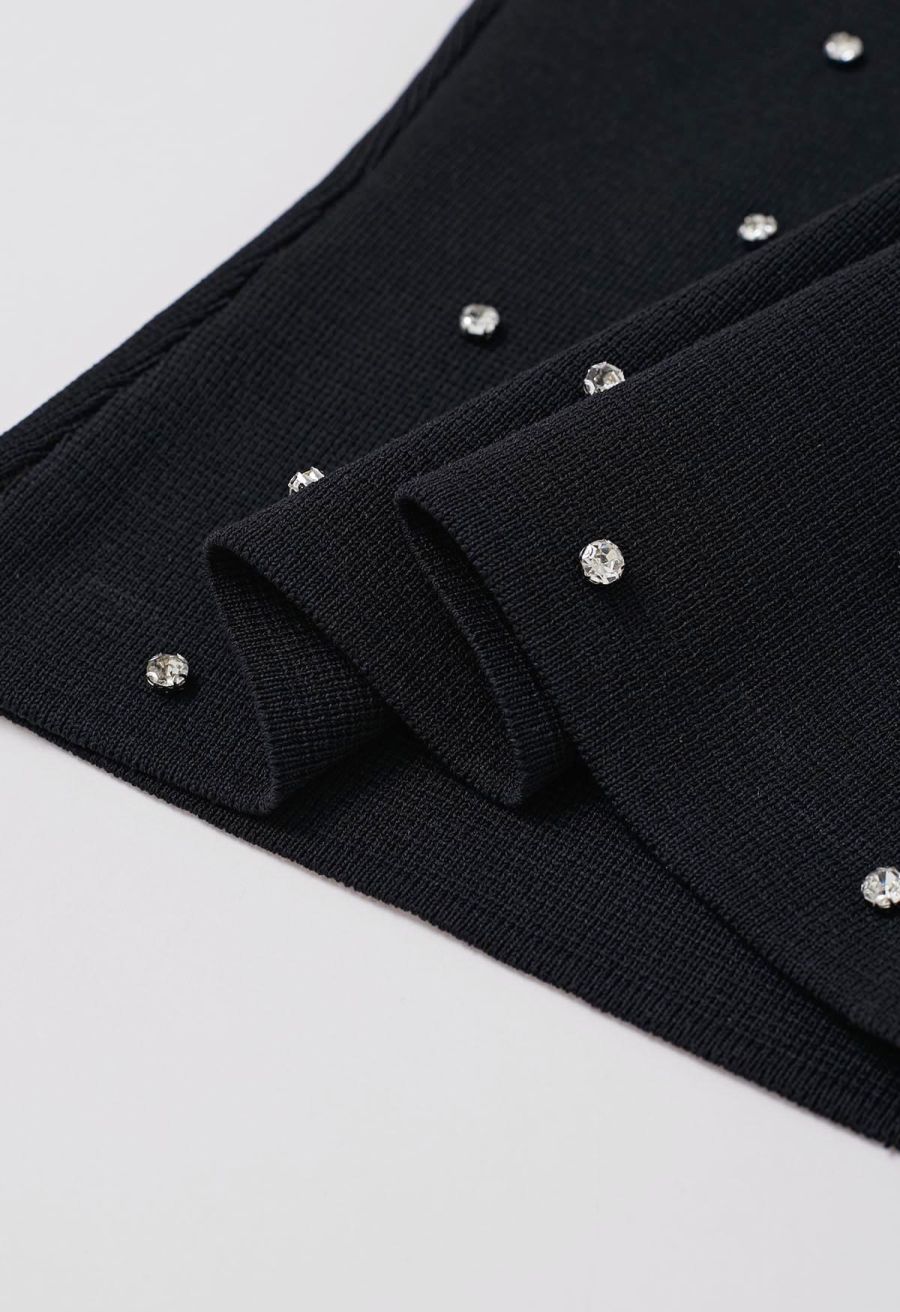 Rhinestone Trim Halter Neck Crop Knit Top in Black