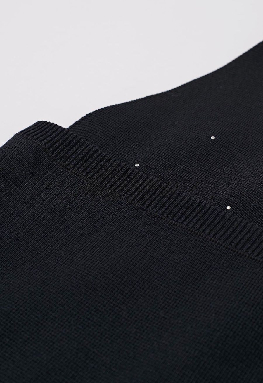 Rhinestone Trim Halter Neck Crop Knit Top in Black