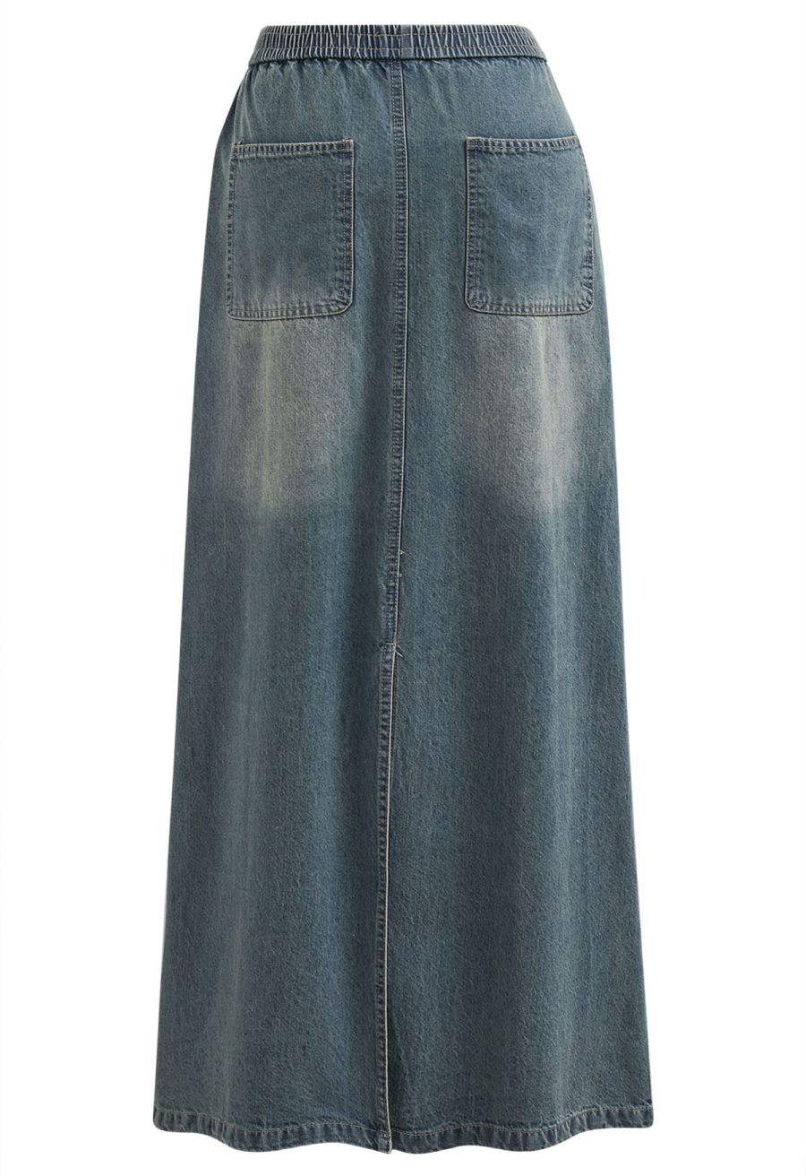 Seamed Vintage-Wash Denim Maxi Skirt