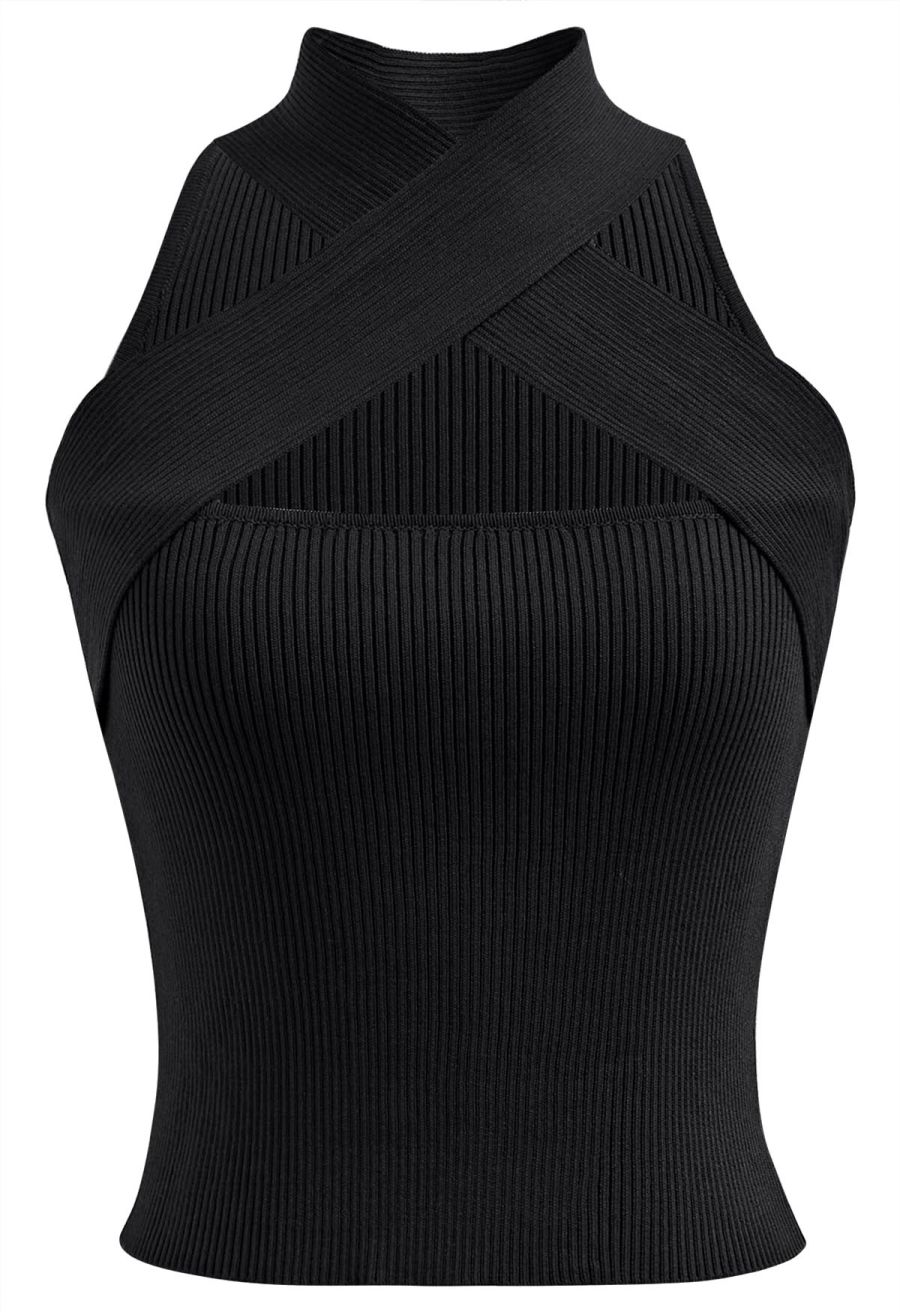 Crisscross Halter Neck Ribbed Knit Top in Black