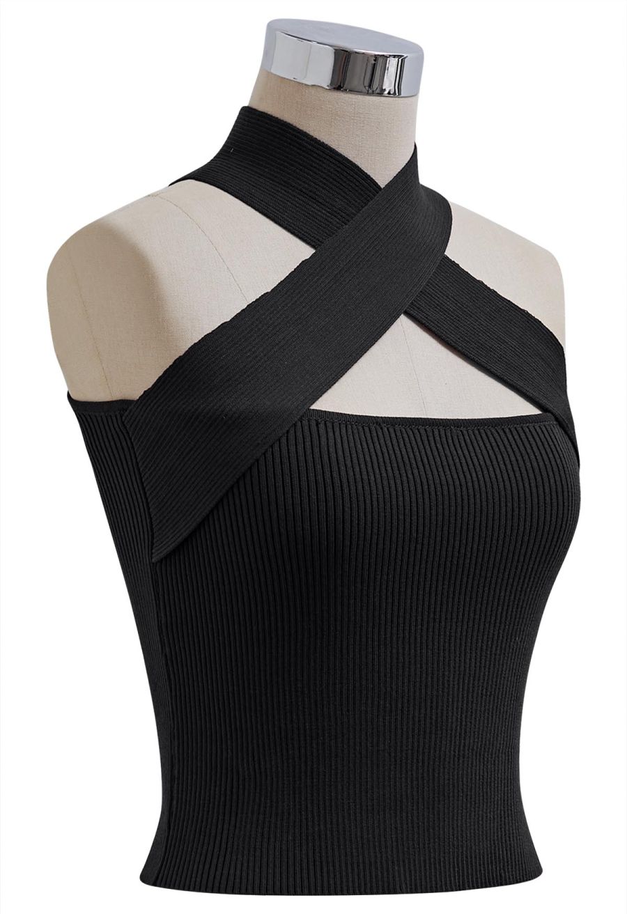 Crisscross Halter Neck Ribbed Knit Top in Black