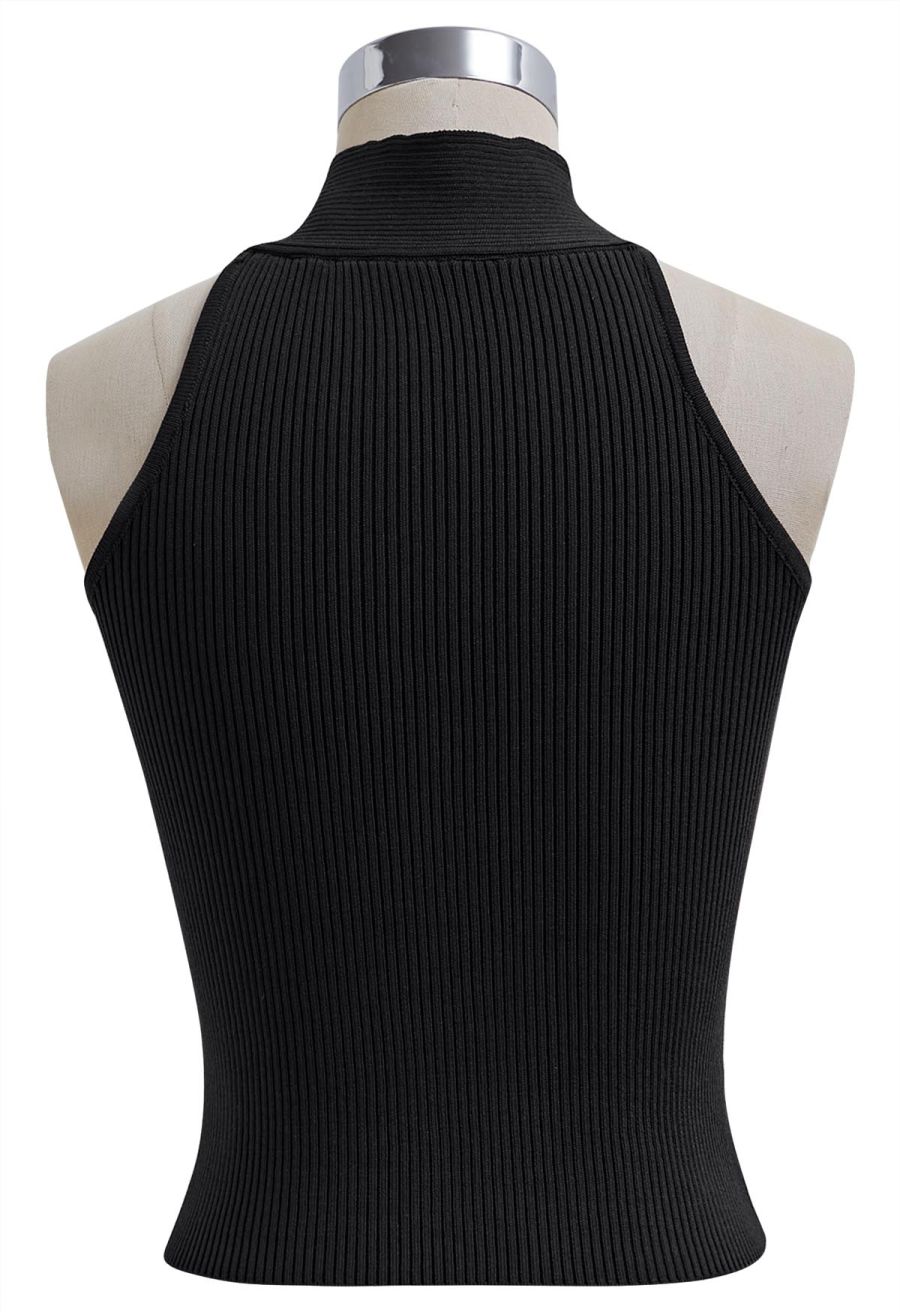 Crisscross Halter Neck Ribbed Knit Top in Black